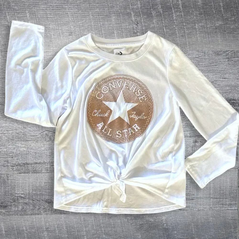 Converse All Star Metallic Logo Tie Front Top Girls M 10/12 White Long Sleeve